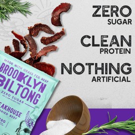 Brooklyn Biltong Air Dried Grass Fed Beef Snack, South African Beef Jerky (8 oz, Pack of 1) - Whole30 Approved, Paleo, Keto, Gluten Free, Sugar Free, Made in USA - (Steakhouse)