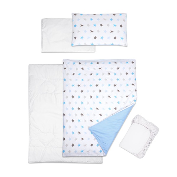 5 Piece Baby Bedding Duvet Pillow with Covers & Jersey Sheet fits 140x70cm Cot Bed (Stars Blue)