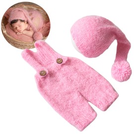 Zeroest Newborn Baby Boy Girl Photography Props Romper Sleepy Hat Knitted Overalls Outfits Set for Newborn Photo Shoot (Pink)