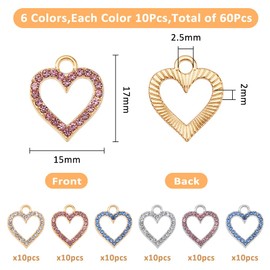 SUPERFINDINGS 60 Pieces 6 Colours Rhinestone Heart Pendants Alloy Hollow Heart Crystal Pendant Large Heart Links for Jewellery Making Bracelets Earrings Necklaces Accessories Gifts DIY Crafts, Alloy