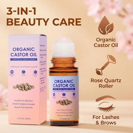 Organic Castor Oil Roll On with Rose Quartz Roller - 100% Pure Cold Pressed & Hexane-Free - Daily Moisturizer for Face, Eyes, Hair & Eyebrows - Natural Skin Care - 1 Pack.