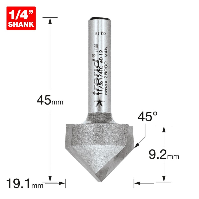 Trend Professional Chamfer V Groove Cutter, 45-Degree, A=45, 18mm Diameter,