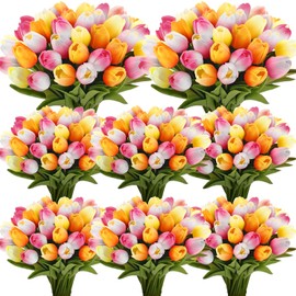 Janinka 64pcs Artificial Tulip Flowers Fake PU Tulips Faux Latex Bouquet Flower Centerpieces Arrangement Floral for Mother Day Wedding Spring Decorations (Multicolor)
