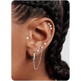 5Pairs Hypoallergenic Chain Flat Back Cartilage Earrings Studs for Women Girls Stacks Sets - Color: Silver-White CZ Hoop