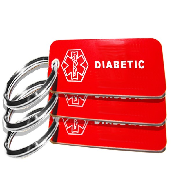 My Identity Doctor - 3 Pre-Engraved Diabetic Plastic Medical Alert ID Keychains, Small 2.25 x .79 Inch