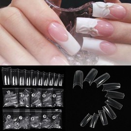 MAXPERKX Pack of 500 Artificial Nail Tips Long French Acrylic Style UV Gel Fake Nail Full Cover Fingernails Tip Art Stick Nails Suitable (Clear)