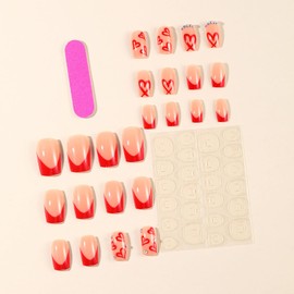 24Pcs Valentine’s Day Press on Nails Medium Thick Fake Nails with Rhinestone Valentine’s Day False Nails with Heart Design Red French Tip Nails Press ons Holiday Glue on Nails Stick on Nails for Women