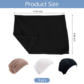 3 Pcs Hijab Undercap,Under Scarf Caps,Black Jersey Underscarf Cap,Hijabs Tape,Satin Sports,Women Sport Headscarf,Cotton Head Cover Chiffon 30x24cm,for Tomtary Hair Girls,Hat Headwear Black White Khaki