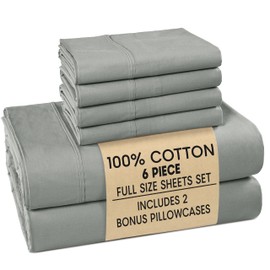 Casa Platino 100% Cotton Sheets Full Size Set - 6 Pieces (1 Flat, 1 Fitted, 4 Pillowcases) - Soft & Breathable Percale Weave - Durable & Cooling Bed Sheets with Deep Pockets - Full Sheet Set - Grey
