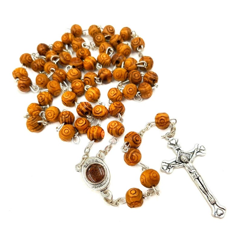 Nazareth Store Carved Wood Beads Rosary Necklace Holy Soil Medal