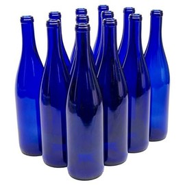 North Mountain Supply 750ml Glass California Hock Wine Bottle Flat-Bottomed Cork Finish - Case of 12 - Cobalt Blue