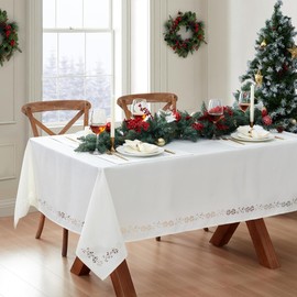 Elrene Home Fashions Poinsettia Noel Laser Cut Holiday Fabric Tablecloth, 52"x70" Rectangle, Poinsettia Ivory