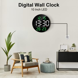 Lafocuse 25 cm Wall Clock Digital LED Large Round Electronic Wall Calendar without Ticking Noise with Remote Control Temperature Date Countdown 2 Alarms for Decor Living Room Office Gym Green