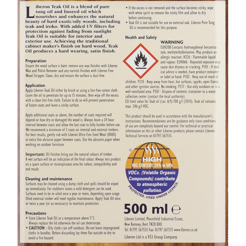 Liberon Teak Oil with UV Filter, 500 ml