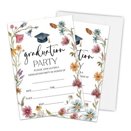 Graduation Party Invitation Cards With 20 Envelopes - Watercolor Wildflower 2025 Grad Party Announcement Invites For High School, College, University Celebration Party Favor & Supplies - A01