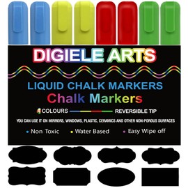 DIGIELE Chalk Pen Red, Green, Blue, Yellow, 8 Chalk Pens 6 mm + 32 Board Labels, Reversible Thin or Medium Tip, Dry or Wet Wipe Chalk for Whiteboard, Blackboard, Window and Glass