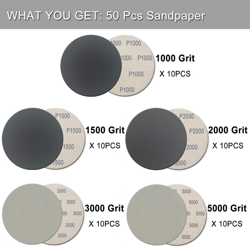 50Pcs 5 Inch Hook and Loop Sanding Discs, 1000/1500/2000/3000/5000 Grit
