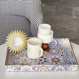 Fuukou Plastic Serving Tray with Handles,Bohemian Decorative Tray,Large Ottoman Tray for Living Room,Blue Coffee Table Tray,Plastic Tray 16" x 12"