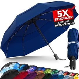 TUMELLA Paraguas de viaje resistente al viento más fuerte (compacto y de alta calidad), pequeño, resistente pero ligero, portátil y plegable automáticamente, mango premium duradero, azul, 42 inch