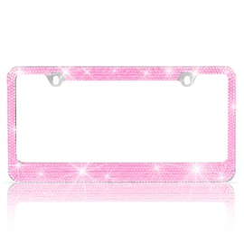 BDK Stainless Steel Pink Sparkly Sparkling Diamond Crystal Bling Premium License Plate Frame Metal Silver Rhinestone for Women Universal Size for Car Truck SUV