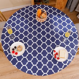 Round Vinyl Fitted Tablecloth with Flannel Backing Elastic Edge Design Table Cover Waterproof Oil-Proof PVC Table Cloth Wipeable for Round Table（Blue Reticulated,Best for 57"-65" Round）