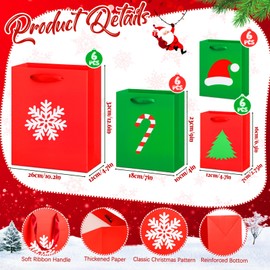 Casuallined 24 Pcs Christmas Paper Gift Bags with Handles Assorted Sizes Xmas Tree Candy Canes Santa Hat Snowflakes Pattern Gift Bags for Christmas Party Present Wrapping