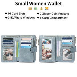 GOIACII Womens Wallets Rfid Credit Card Holder with 2 Zipper Pockets, 3 ID Windows Ladies Purse Leather