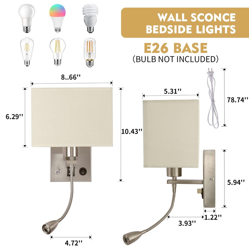 2-Pack Bedside Lights, Plug in Wall Sconce with Two USB