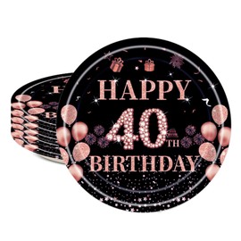 16pcs Black Rose Gold 40th Birthday Paper Plates 7inch 40th Party Table Decor,40th Women Birthday Party Paper Plates 7" Tableware,Happy 40th Birthday Tableware Plate for Her,Women,40th Party Supplies