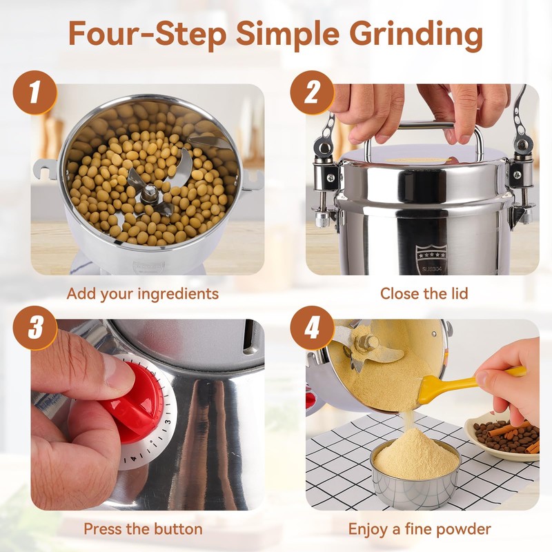 Electric Grain Mill Grinder - 2000W High-Speed 750g 304 Stainless