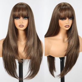 HAIRCUBE Long Straight Wigs for Women Layered Synthetic Wig with Bangs Mixed Brown Color for Daily