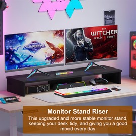 Qupui Dual Monitor Stand Riser, Large Computer Monitor Stand for Desk, Monitor Riser for 2 Monitors, Wood Desk Shelf for Top of Desk, Desktop Organizer for Computer, Laptop, Printer, TV