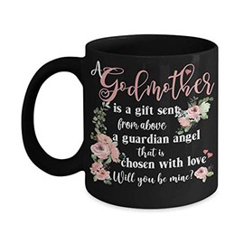 Godmother Proposal Gift Will You Be Mine From Godchild Baptism Baby Shower 11 or 15 oz. Black Blush Floral Ceramic Coffee Cup for Proposal Box Set