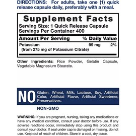 Potassium Citrate 275mg 5X400 Caps No Gluten NON GMO No Preservatives