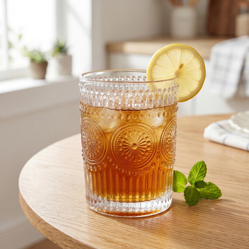 Kingrol 6 Pack SMALL 9 oz Drinking Glasses, Vintage Embossed