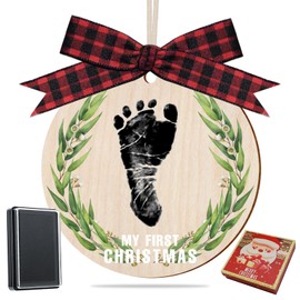 Baby's My First Christmas Handprint or Footprint Christmas Print Ornament,Christmas Tree Decoration Keepsake with Clean Touch Ink Pads and Bows，Nursery Decorative Ornaments (Print2)
