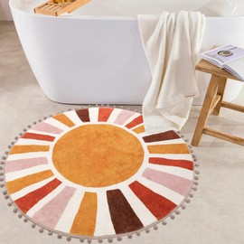 KIMODE Retro Sun Round Rug 90cm, Non Slip Area Rugs for Bedroom Soft Machine Washable Rugs Living Room Indoor Door Mat with Pom Poms Fringe Circle Entryway Rug for Bedroom Living Dining Room