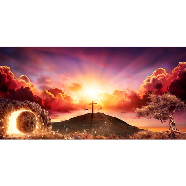 Laeacco 20x10ft Jesus Christ Cross Backdrop, Rock Cave Mountain Bokeh