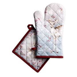 Maison d' Hermine Oven Mitt + Pot Holder 100% Cotton Heat Resistant Kitchen Oven Gloves (7.5"x13") & Hot Pads (8"x8"), Chef, Women & Men, Fairytale Forest -Thanksgiving/Christmas
