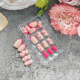 24Pcs Valentines Press on Nails Square Short French Tip Fake Nails Heart Glue on Nails Glossy Nude Acrylic Nails Valentine False Nails Full Cover Cute Heart Stick on Nails for Women Nail Accessories