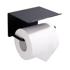 XDerln Toilet Paper Holder with Phone Shelf SUS 304 Toilet Paper Roll Holder - Wall Mounted Toilet Paper Roll Holder Adhesive Or Drilling Tissue Roll Holder with Shelf - Black