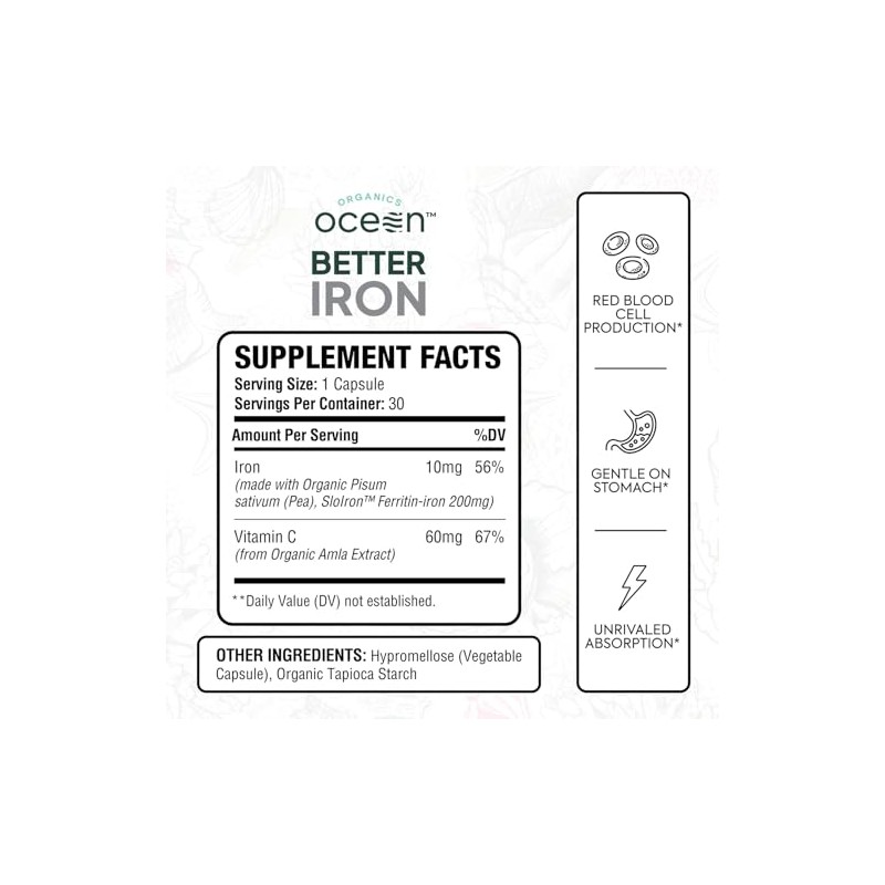Organics Ocean Better Iron Supplement with Vitamin C - Plant-Based