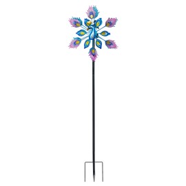 Alpine Corporation SLL2430 Double Layer Peacock Kinetic Wind Spinner Garden Stake, Colorful Statement Garden Décor, 55" H