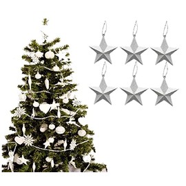 Pack of 6-8cm 3D Glitter Star Baubles Christmas Tree Decorations (White)