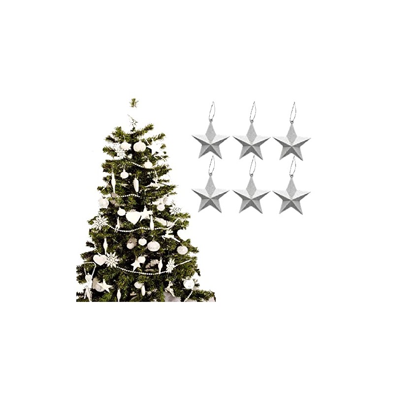 Pack of 6-8cm 3D Glitter Star Baubles Christmas Tree Decorations