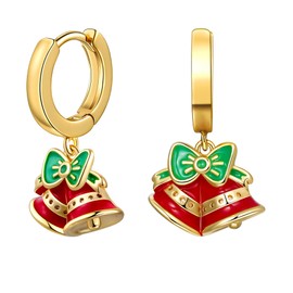 Gacimy Christmas Earrings for Women with Dangle Bell, Small Gold Huggie Earrings for Women 14K Real Gold Plated