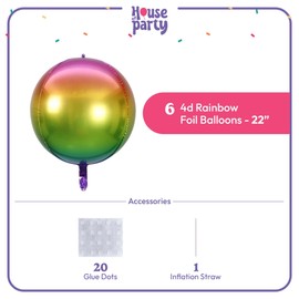 HOUSE OF PARTY 4D Sphere Balloons Pack of 6 - Rainbow Foil Balloons 22 Inches Mix Color Gradient Mylar Balloons for Graduation Party Decorations