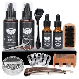 Kit 11 Accesorios Aceo Y Cuidado Barba Bigote Cuchillas Afeitado Serum Balsamo Jabon Acondicionador Barba Hidgiene Men Rodillo Navajas Tijeras Barbería