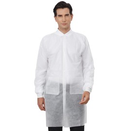 Greenour Disposable Lab Coats for Adults with Pockets White Lab Jackets with Knitted Cuffs and Collar Pack of 10 (Large)