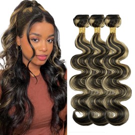 P1B27 Highlight Human Hair Bundles Honey Blonde Body Wave 3 Bundles 12 14 16 inch Black and Blonde Highlight Bundle Human Hair Extensions